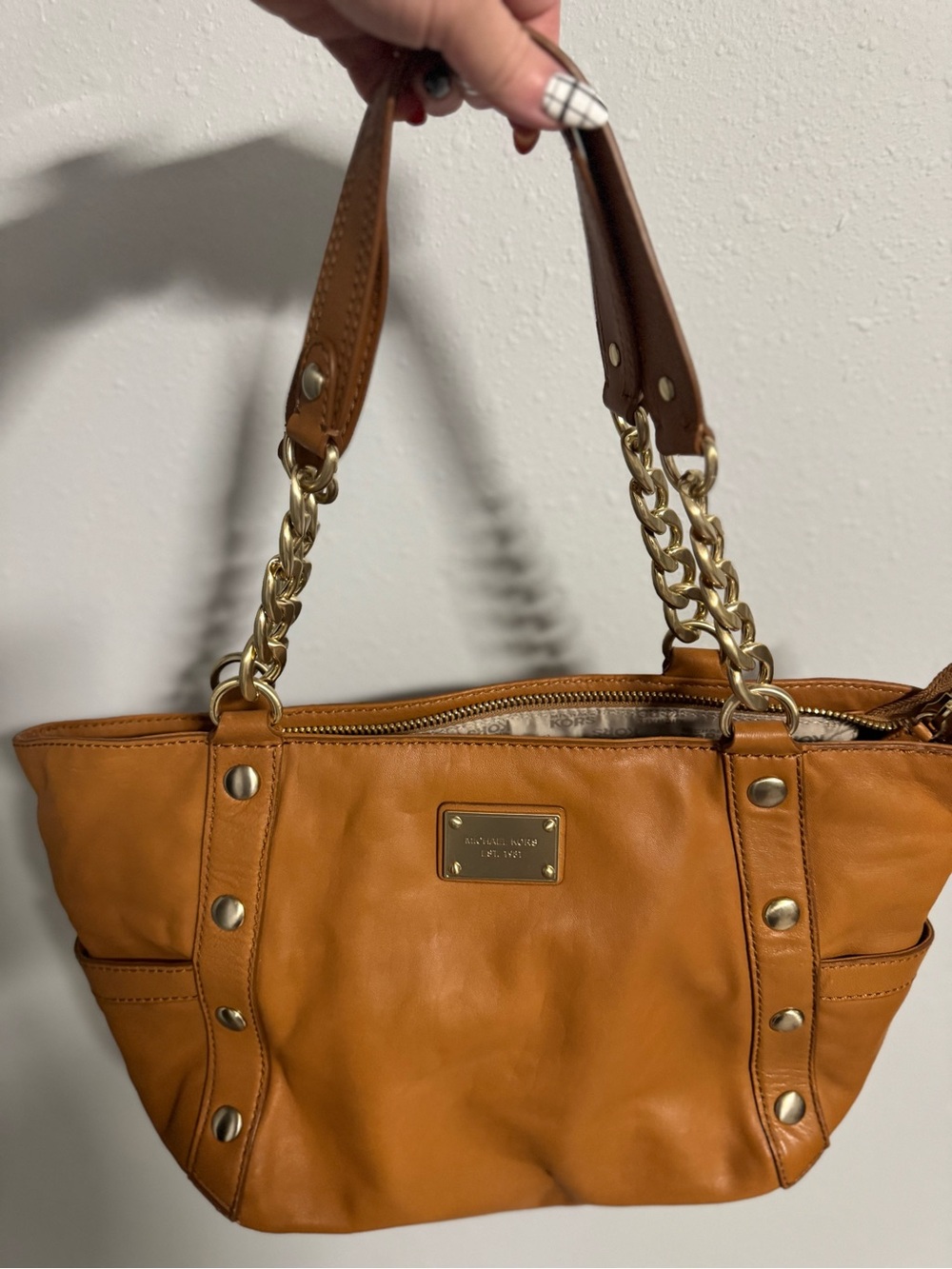 Michael Kors Cognac Leather Shoulder Bag with Gold Chain Handles